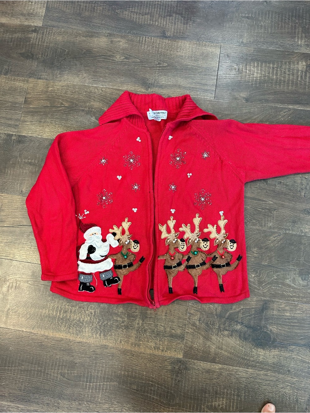 Heirloom Collectibles 2004 Christmas Santa Reindeer Zip Sweater Red L AS IS